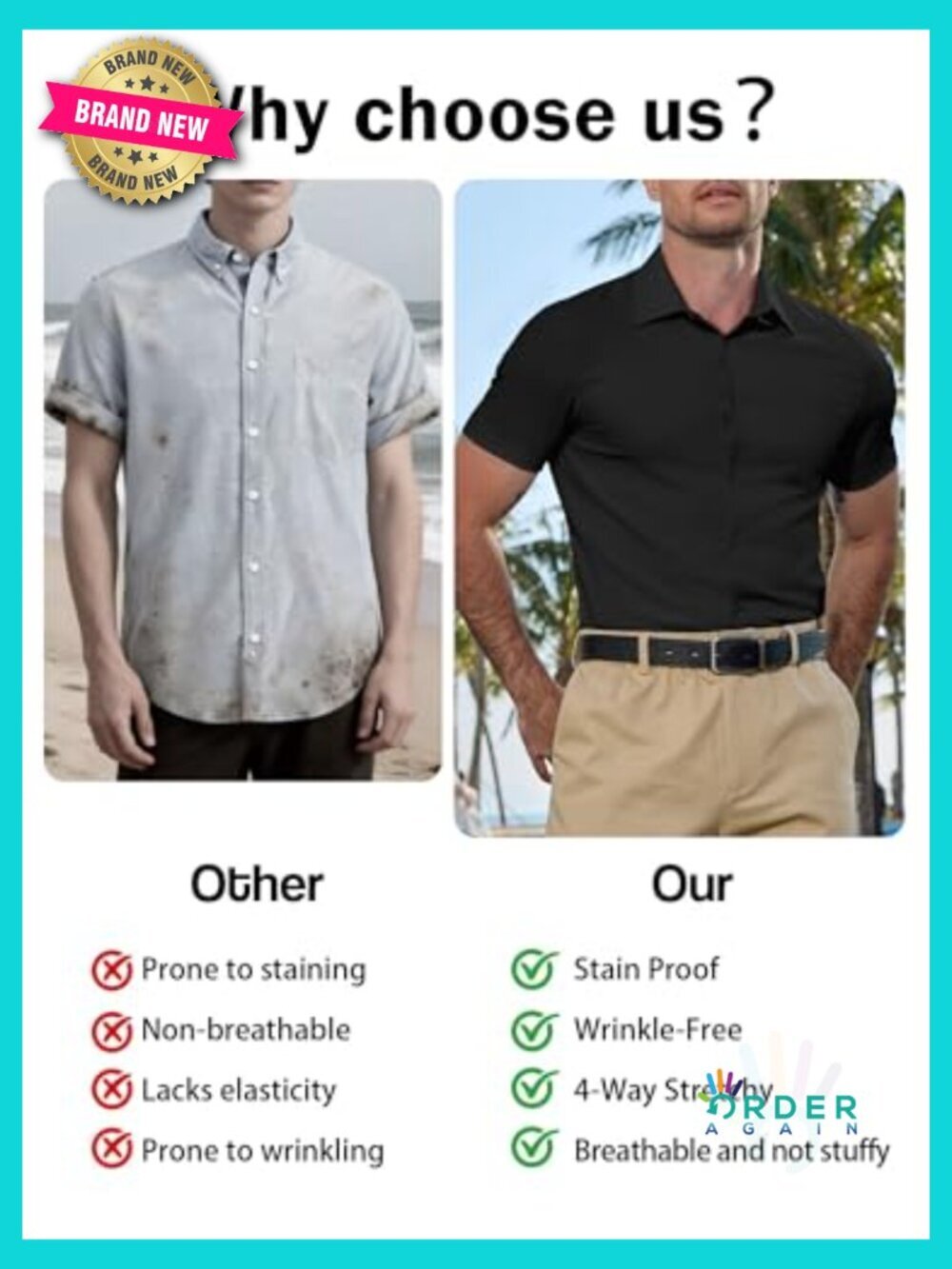 Slim Fit Short Sleeve Dress Shirt Stretch Wrinkle Free Stain Proof Formal - Picture 3 of 7